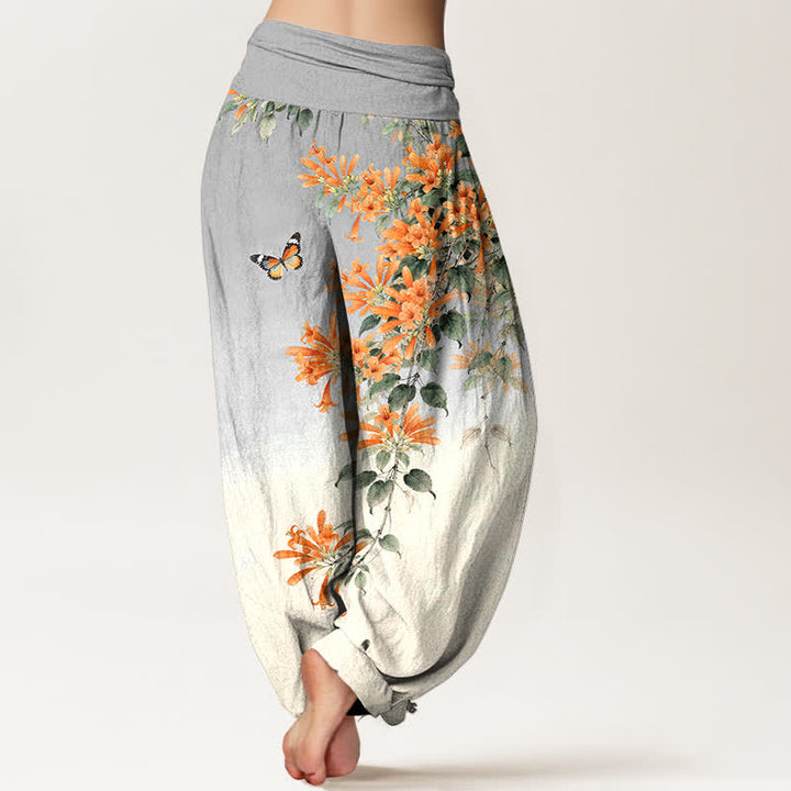 Buddha Stones Pantalones harem de algodón naranja con estampado floral de mariposas para mujer con cintura elástica. - image 10