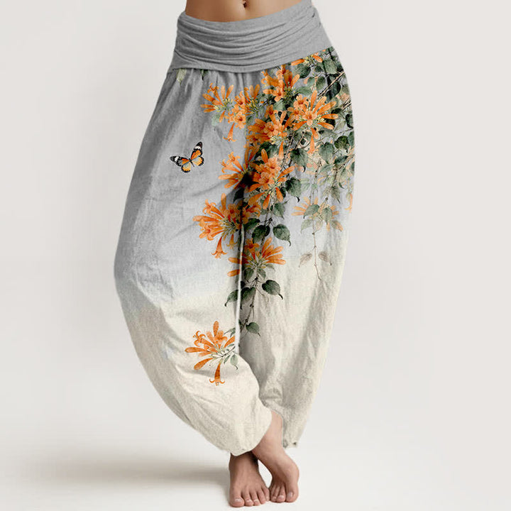 Buddha Stones Pantalones harem de algodón naranja con estampado floral de mariposas para mujer con cintura elástica. - Gris claro - US16，UK/AU20，EU48 (3XL) - image 8