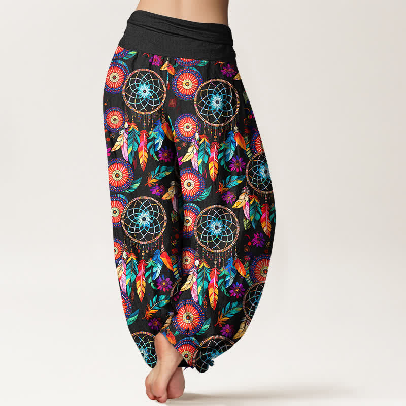 Buddha Stones Pantalones harem de mujer con cintura elástica y estampado de plumas y atrapasueños de algodón. - image 2