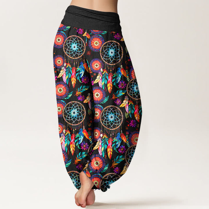 Buddha Stones Pantalones harem de mujer con cintura elástica y estampado de plumas y atrapasueños de algodón. - image 2