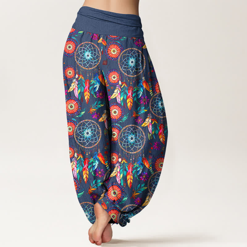 Buddha Stones Pantalones harem de mujer con cintura elástica y estampado de plumas y atrapasueños de algodón. - image 7