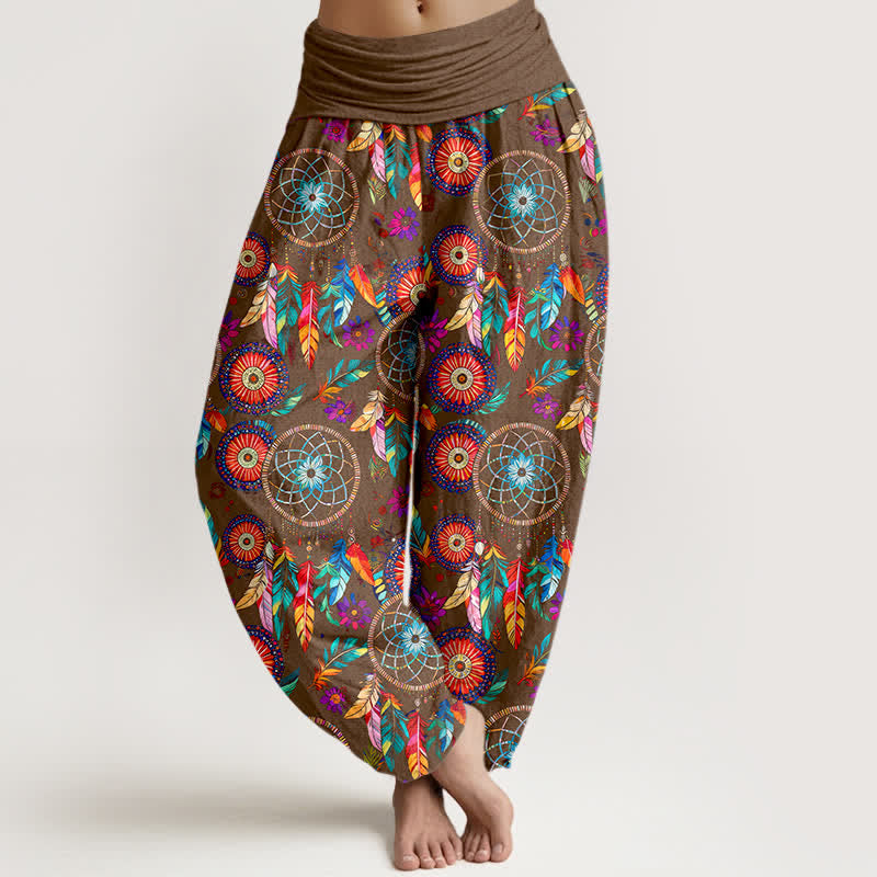 Buddha Stones Pantalones harem de mujer con cintura elástica y estampado de plumas y atrapasueños de algodón. - Tierra de siena - US16，UK/AU20，EU48 (3XL) - image 8