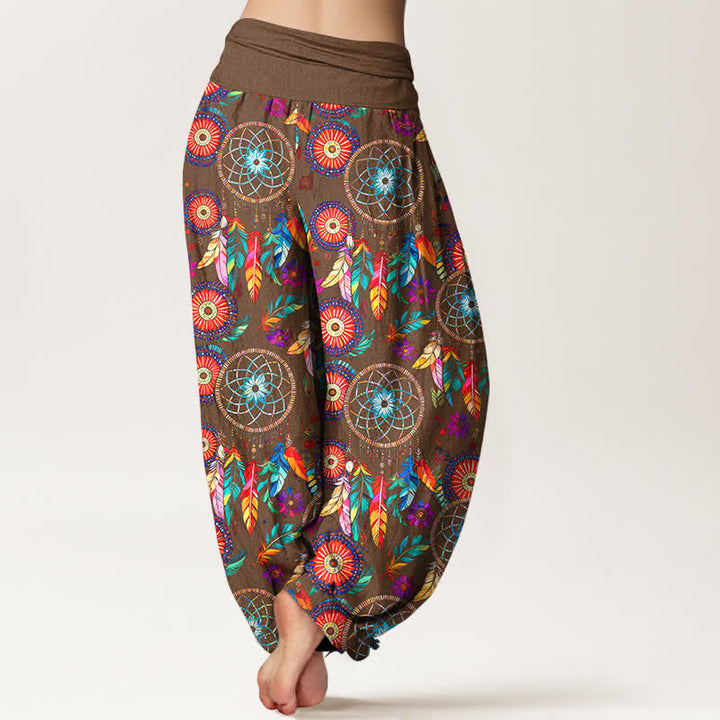 Buddha Stones Pantalones harem de mujer con cintura elástica y estampado de plumas y atrapasueños de algodón. - image 10