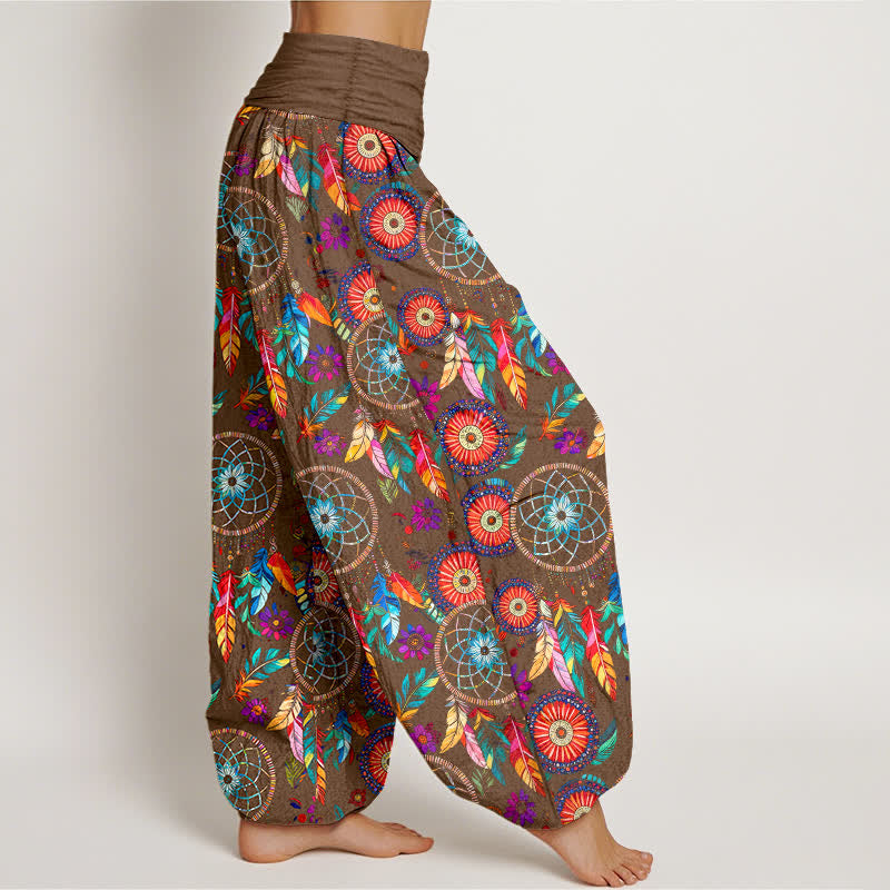 Buddha Stones Pantalones harem de mujer con cintura elástica y estampado de plumas y atrapasueños de algodón. - image 9