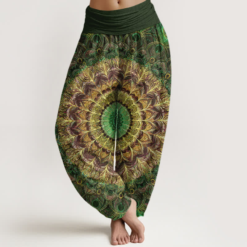 Buddha Stones Pantalones harem de mujer con cintura elástica y estampado de mandala de algodón puro para mujer. - Verde oliva oscuro - US16，UK/AU20，EU48 (3XL) - image 8