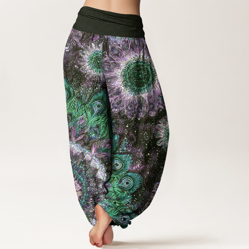 Buddha Stones Pantalones harem de mujer con cintura elástica y estampado de plumas de pavo real, de algodón. - image 7