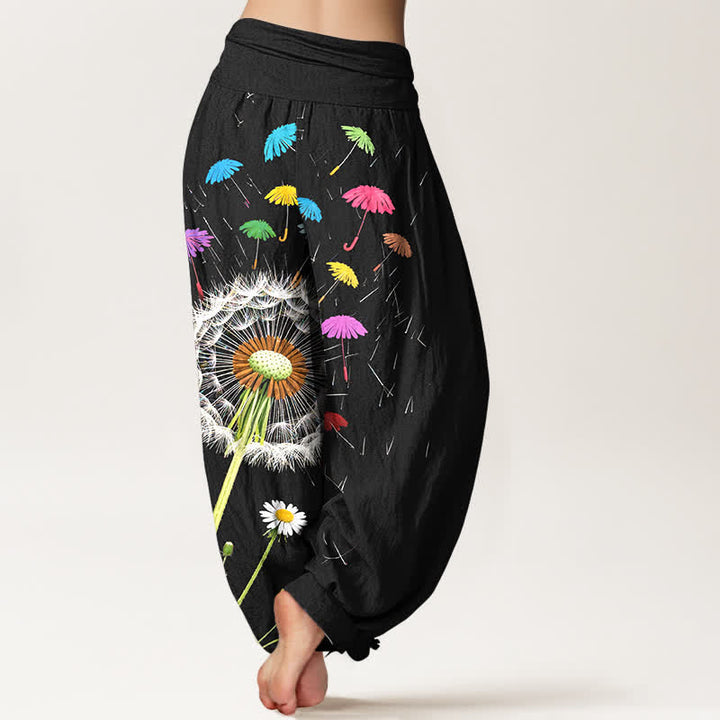 Buddha Stones Pantalones harem de mujer con cintura elástica y estampado de diente de león, de algodón puro. - image 2