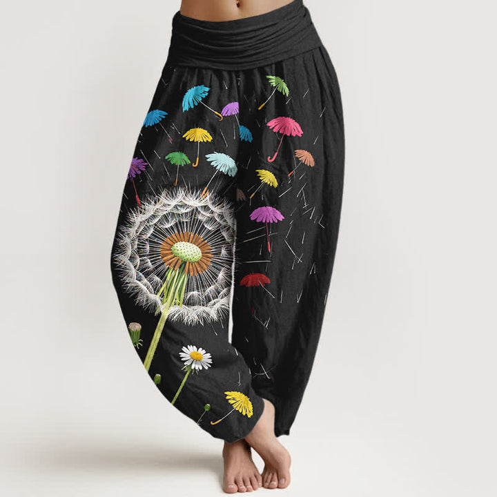 Buddha Stones Pantalones harem de mujer con cintura elástica y estampado de diente de león, de algodón puro. - Negro - US16，UK/AU20，EU48 (3XL) - image 0