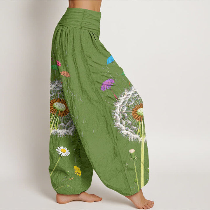 Buddha Stones Pantalones harem de mujer con cintura elástica y estampado de diente de león, de algodón puro. - image 6