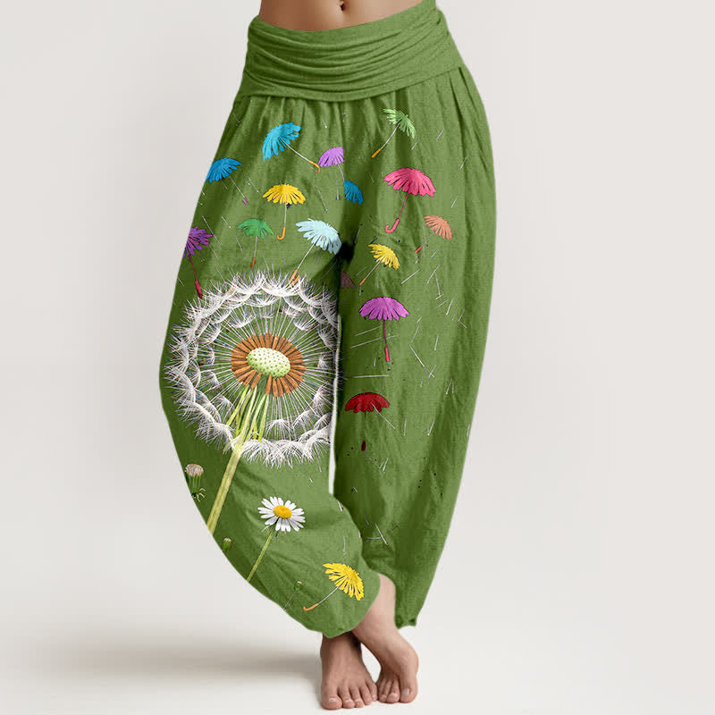Buddha Stones Pantalones harem de mujer con cintura elástica y estampado de diente de león, de algodón puro. - Verde oliva - US16，UK/AU20，EU48 (3XL) - image 5