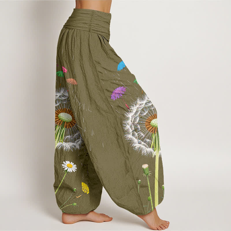 Buddha Stones Pantalones harem de mujer con cintura elástica y estampado de diente de león, de algodón puro. - image 9