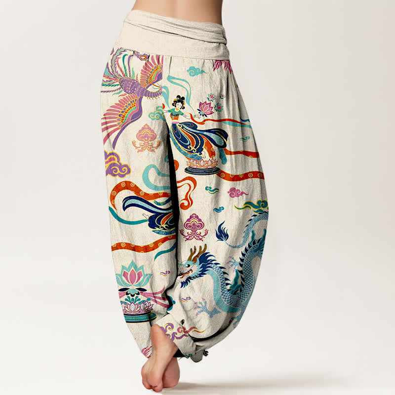 Buddha Stones Pantalones harem de algodón con estampado de dragón, fénix y loto para mujer, con cintura elástica. - image 2