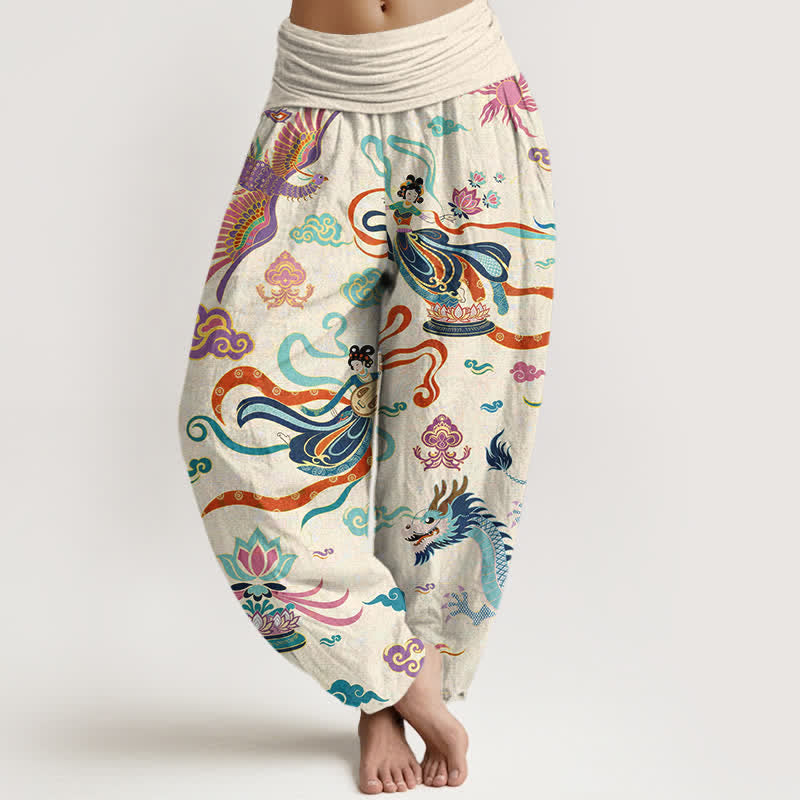 Buddha Stones Pantalones harem de algodón con estampado de dragón, fénix y loto para mujer, con cintura elástica. - Marfil - US16，UK/AU20，EU48 (3XL) - image 0