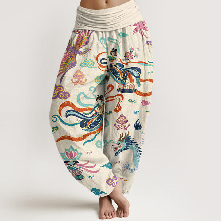 Buddha Stones Pantalones harem de algodón con estampado de dragón, fénix y loto para mujer, con cintura elástica. - Marfil - US16，UK/AU20，EU48 (3XL) - image 0
