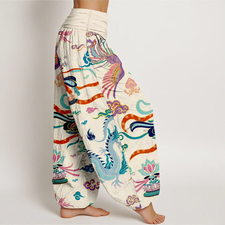 Buddha Stones Pantalones harem de algodón con estampado de dragón, fénix y loto para mujer, con cintura elástica. - image 1