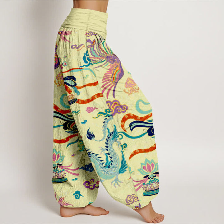 Buddha Stones Pantalones harem de algodón con estampado de dragón, fénix y loto para mujer, con cintura elástica. - image 6