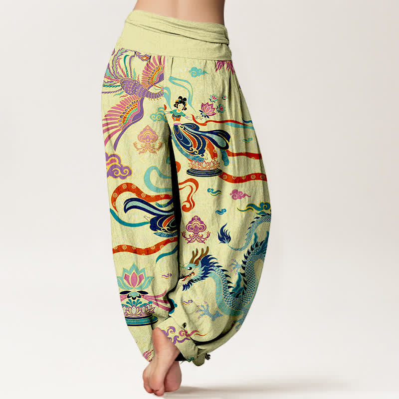 Buddha Stones Pantalones harem de algodón con estampado de dragón, fénix y loto para mujer, con cintura elástica. - image 7