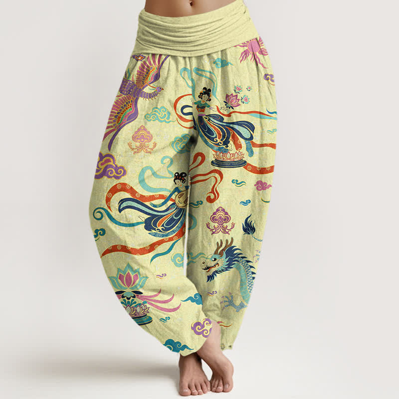 Buddha Stones Pantalones harem de algodón con estampado de dragón, fénix y loto para mujer, con cintura elástica. - Chifón de limón - US16，UK/AU20，EU48 (3XL) - image 5