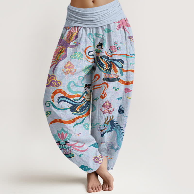 Buddha Stones Pantalones harem de algodón con estampado de dragón, fénix y loto para mujer, con cintura elástica. - Azul claro - US16，UK/AU20，EU48 (3XL) - image 8