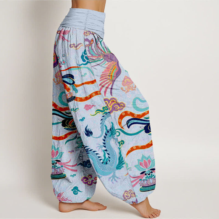 Buddha Stones Pantalones harem de algodón con estampado de dragón, fénix y loto para mujer, con cintura elástica. - image 9