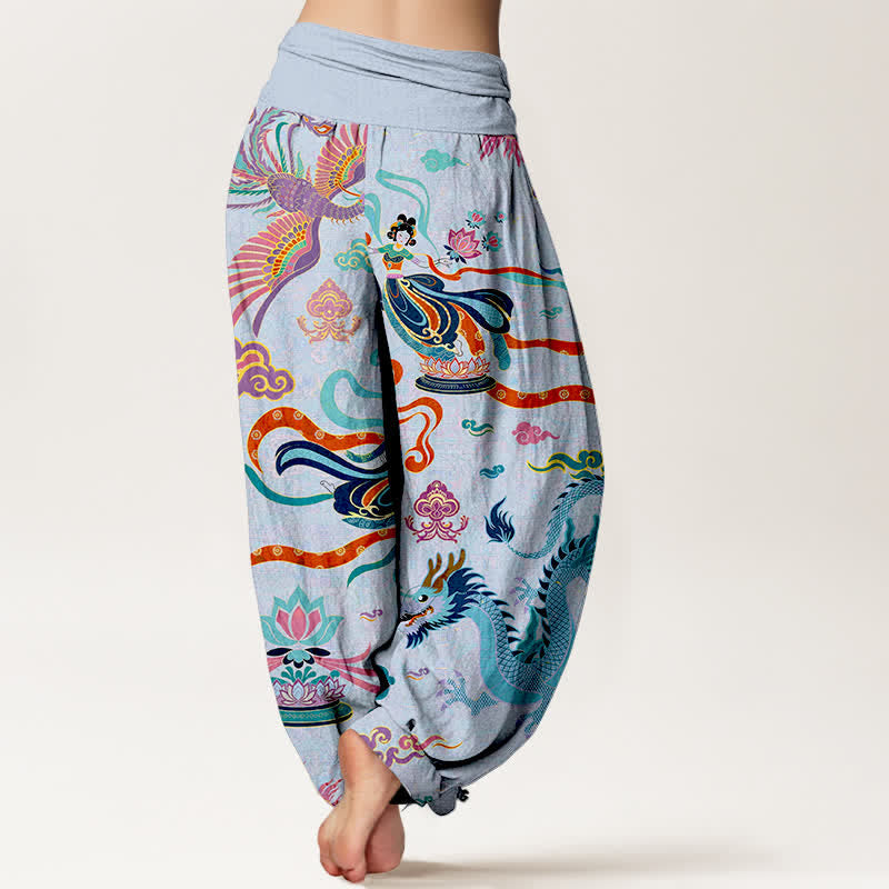 Buddha Stones Pantalones harem de algodón con estampado de dragón, fénix y loto para mujer, con cintura elástica. - image 10
