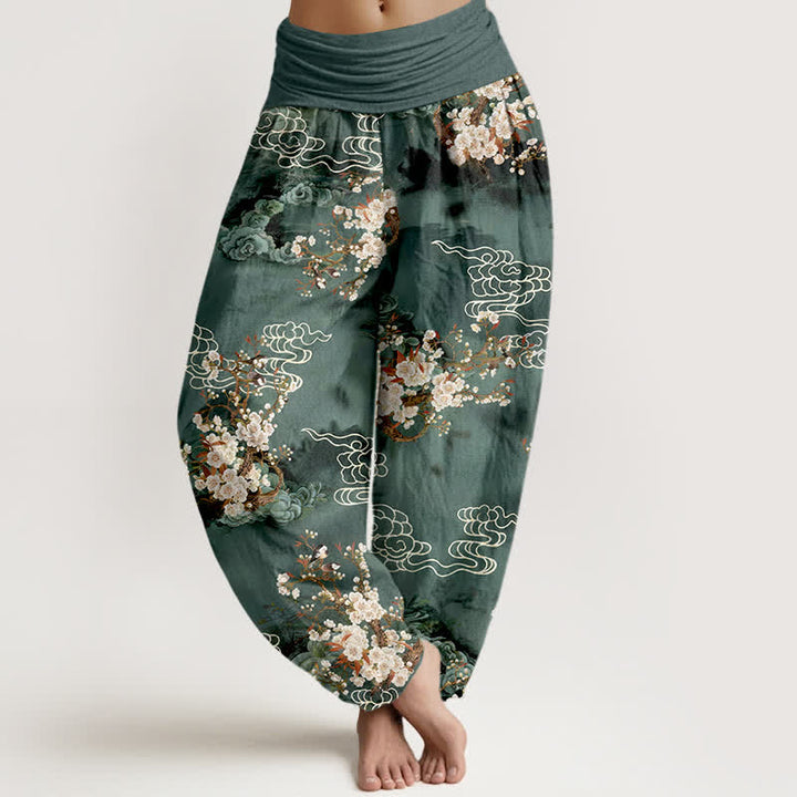 Buddha Stones Pantalones harem de algodón puro con estampado floral y cintura elástica para mujer. - Verde azulado - US16，UK/AU20，EU48 (3XL) - image 0