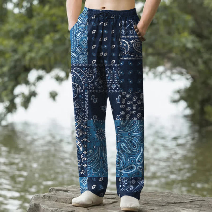 Buddha Stones Pantalones de hombre de algodón con estampado paisley, corte ajustado y bolsillos. - Marina de guerra - US/UK/AU50, EU60 (5XL) - image 0