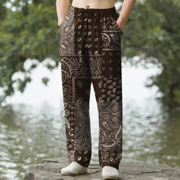Buddha Stones Pantalones de hombre de algodón con estampado paisley, corte ajustado y bolsillos. - Marrón silla de montar - US/UK/AU50, EU60 (5XL) - image 4