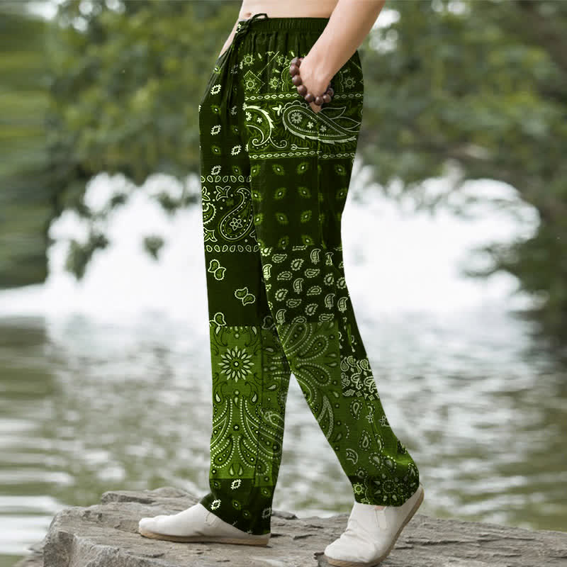 Buddha Stones Pantalones de hombre de algodón con estampado paisley, corte ajustado y bolsillos. - image 7