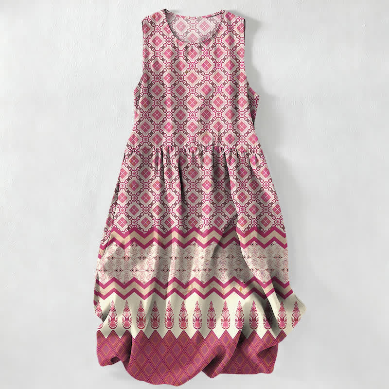 Buddha Stones Vestido midi de verano informal bohemio con estampado geométrico floral para mujer, sin mangas y con bolsillos. - Rosa - US16，UK/AU20，EU48 (3XL) - image 0