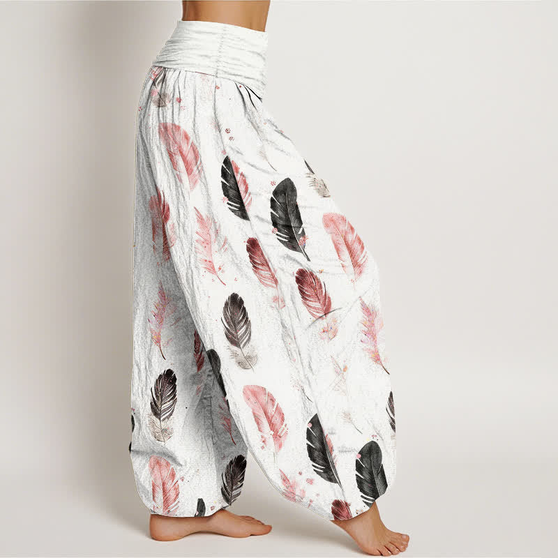 Buddha Stones Pantalones harem de mujer con cintura elástica y estampado de plumas de algodón puro - image 1