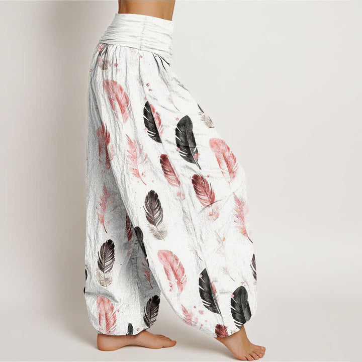 Buddha Stones Pantalones harem de mujer con cintura elástica y estampado de plumas de algodón puro - image 1