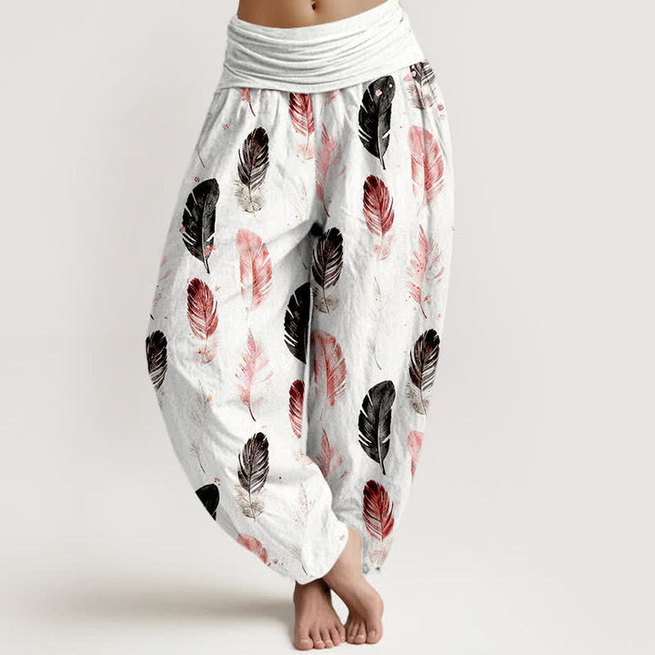Buddha Stones Pantalones harem de mujer con cintura elástica y estampado de plumas de algodón puro - Blanco - US16，UK/AU20，EU48 (3XL) - image 0