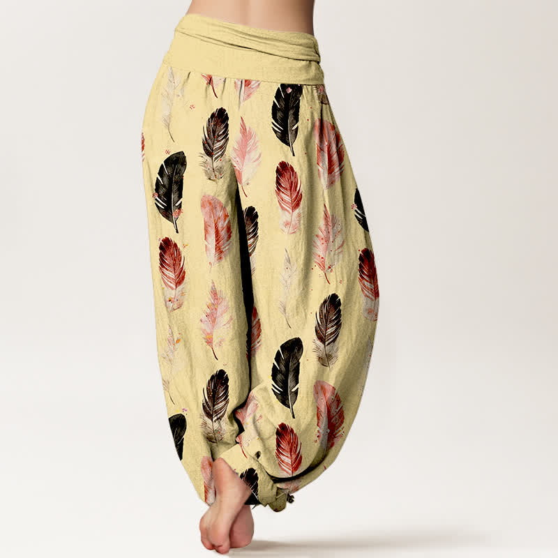 Buddha Stones Pantalones harem de mujer con cintura elástica y estampado de plumas de algodón puro - image 7