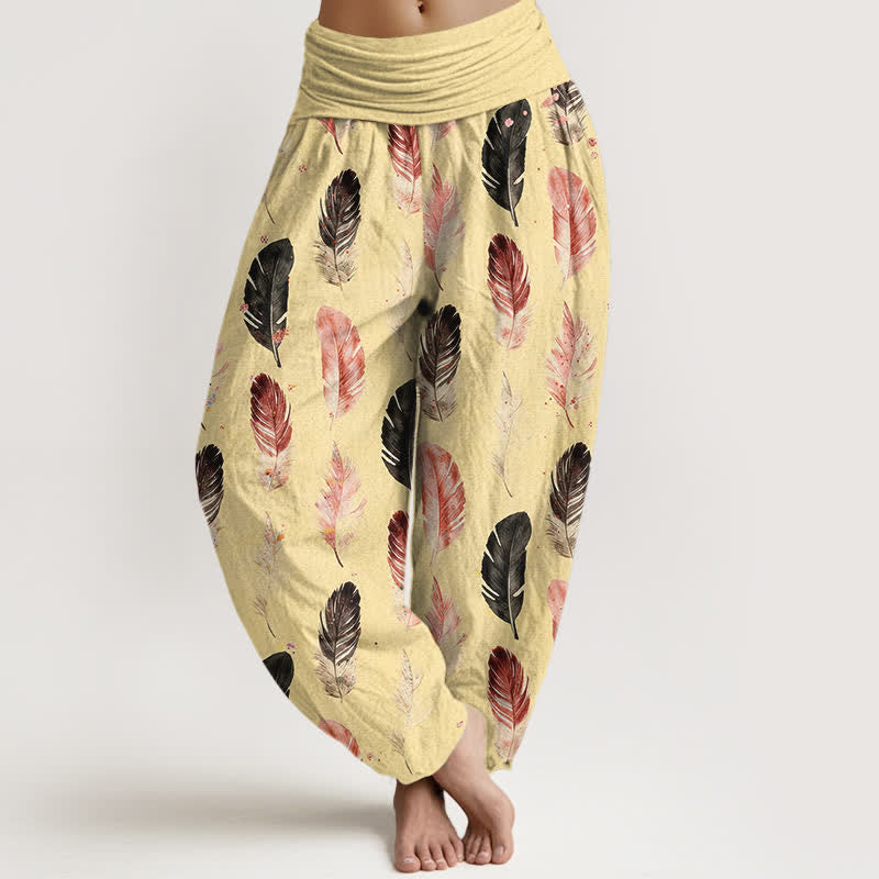 Buddha Stones Pantalones harem de mujer con cintura elástica y estampado de plumas de algodón puro - seda de maíz - US16，UK/AU20，EU48 (3XL) - image 5