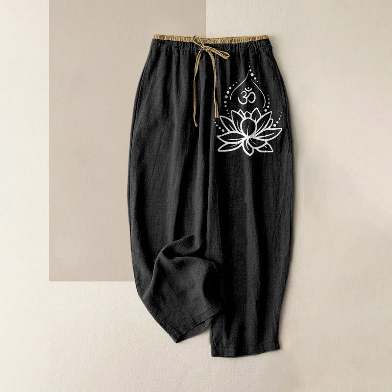 Buddha Stones Pantalones de mujer de algodón puro con estampado Lotus OM, cintura elástica y bolsillos. - Negro - US16，UK/AU20，EU48 (3XL) - image 0