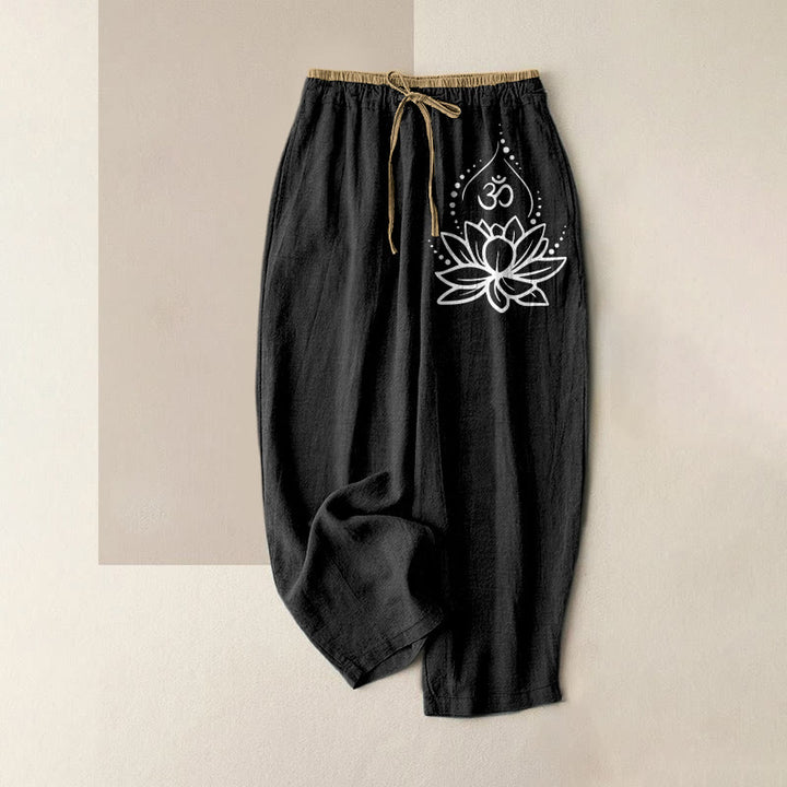 Buddha Stones Pantalones de mujer de algodón puro con estampado Lotus OM, cintura elástica y bolsillos. - Negro - US16，UK/AU20，EU48 (3XL) - image 0