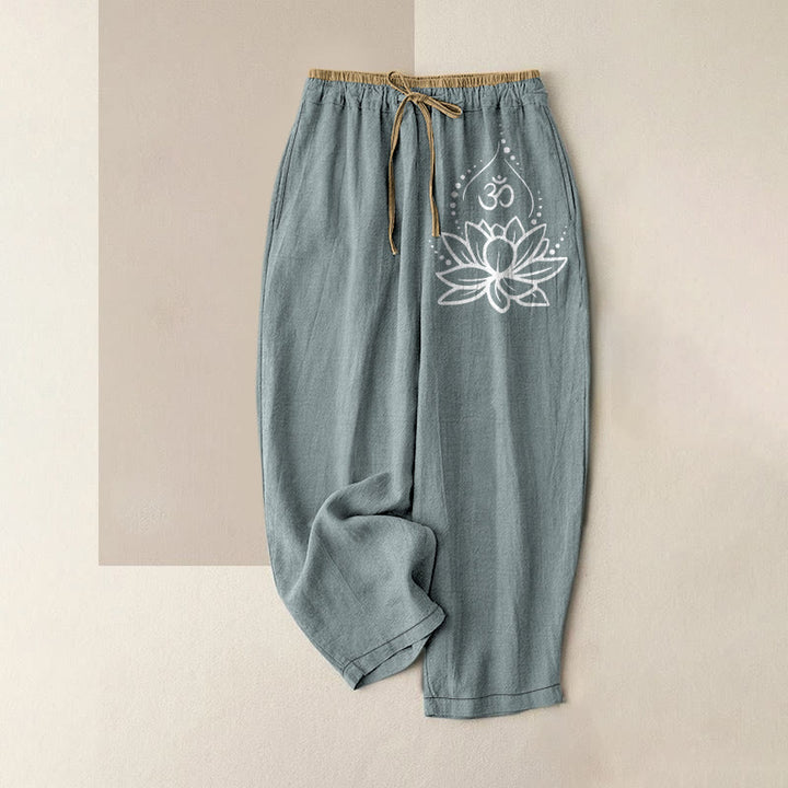 Buddha Stones Pantalones de mujer de algodón puro con estampado Lotus OM, cintura elástica y bolsillos. - Azul cadete - US16，UK/AU20，EU48 (3XL) - image 4