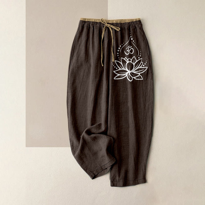 Buddha Stones Pantalones de mujer de algodón puro con estampado Lotus OM, cintura elástica y bolsillos. - Marrón silla de montar - US16，UK/AU20，EU48 (3XL) - image 5