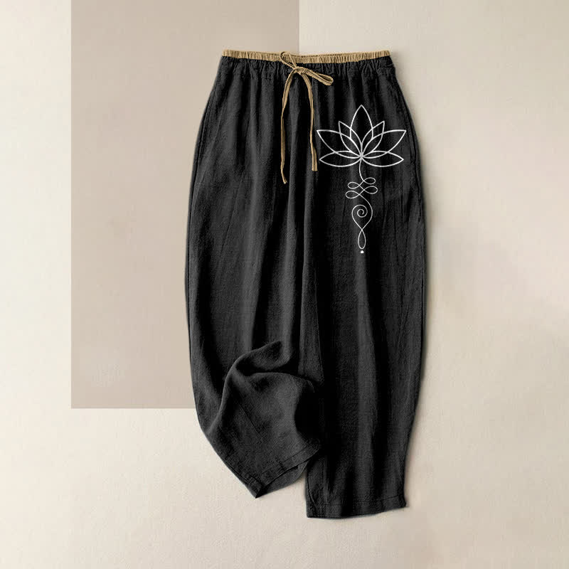 Buddha Stones Pantalones de mujer de algodón puro con estampado Zen Lotus, cintura elástica y bolsillos. - Negro - US16，UK/AU20，EU48 (3XL) - image 4