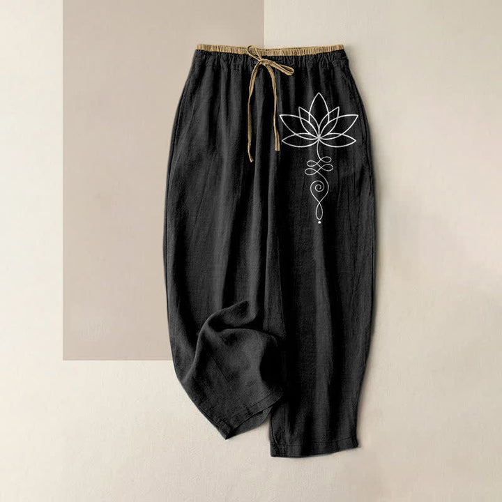 Buddha Stones Pantalones de mujer de algodón puro con estampado Zen Lotus, cintura elástica y bolsillos. - Negro - US16，UK/AU20，EU48 (3XL) - image 4
