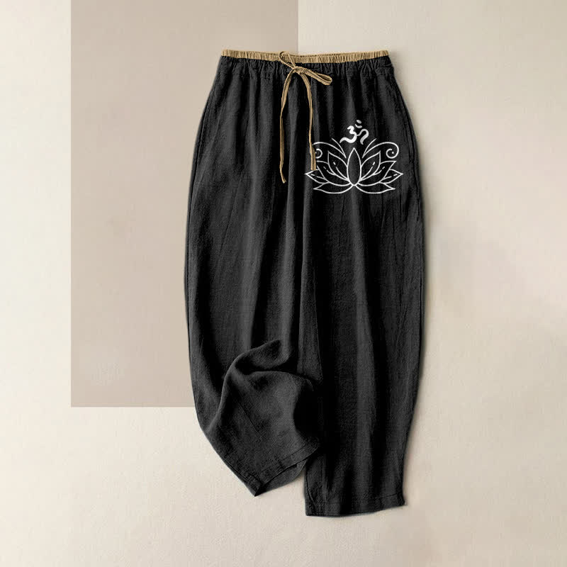 Buddha Stones Pantalones de mujer de algodón puro con estampado de loto, cintura elástica y bolsillos. - Negro - US16，UK/AU20，EU48 (3XL) - image 0
