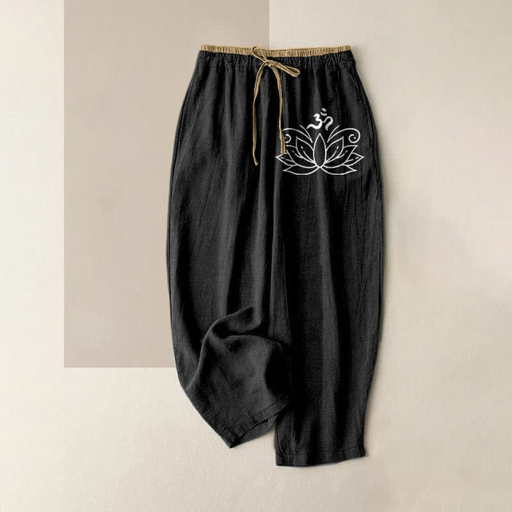 Buddha Stones Pantalones de mujer de algodón puro con estampado de loto, cintura elástica y bolsillos. - Negro - US16，UK/AU20，EU48 (3XL) - image 0