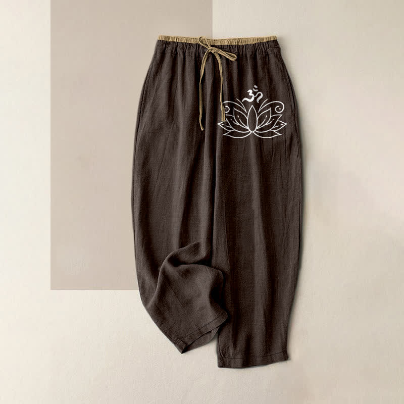 Buddha Stones Pantalones de mujer de algodón puro con estampado de loto, cintura elástica y bolsillos. - Marrón silla de montar - US16，UK/AU20，EU48 (3XL) - image 5