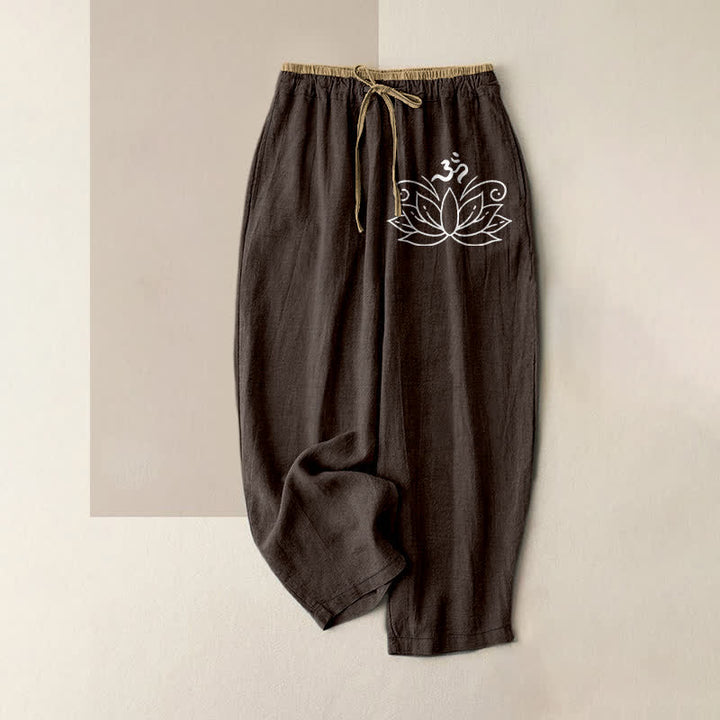 Buddha Stones Pantalones de mujer de algodón puro con estampado de loto, cintura elástica y bolsillos. - Marrón silla de montar - US16，UK/AU20，EU48 (3XL) - image 5