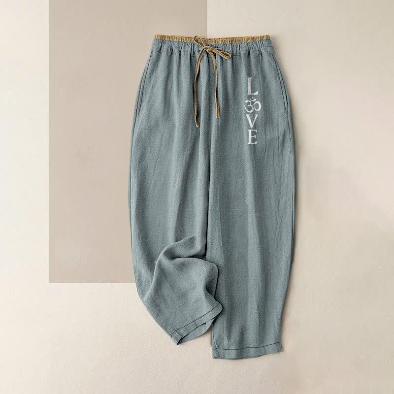 Buddha Stones Pantalones de mujer de algodón puro con estampado Love OM, cintura elástica y bolsillos. - Azul cadete - US16，UK/AU20，EU48 (3XL) - image 0