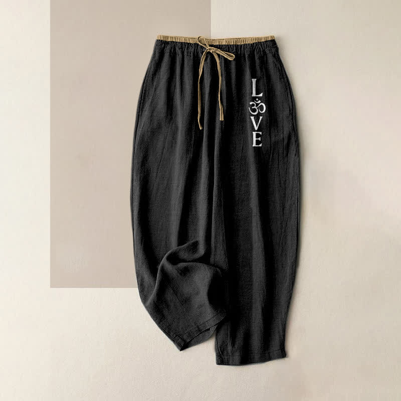 Buddha Stones Pantalones de mujer de algodón puro con estampado Love OM, cintura elástica y bolsillos. - Negro - US16，UK/AU20，EU48 (3XL) - image 4