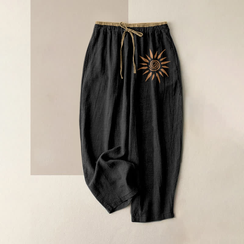 Buddha Stones Pantalones de mujer de algodón con estampado de remolinos solares estilo boho y cintura elástica con bolsillos. - Negro - US16，UK/AU20，EU48 (3XL) - image 0