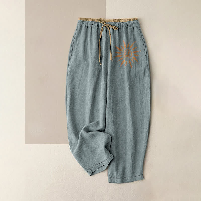 Buddha Stones Pantalones de mujer de algodón con estampado de remolinos solares estilo boho y cintura elástica con bolsillos. - Azul cadete - US16，UK/AU20，EU48 (3XL) - image 4