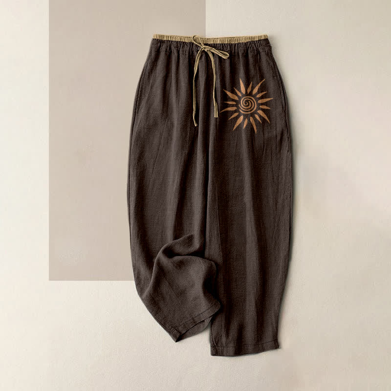 Buddha Stones Pantalones de mujer de algodón con estampado de remolinos solares estilo boho y cintura elástica con bolsillos. - Marrón silla de montar - US16，UK/AU20，EU48 (3XL) - image 5